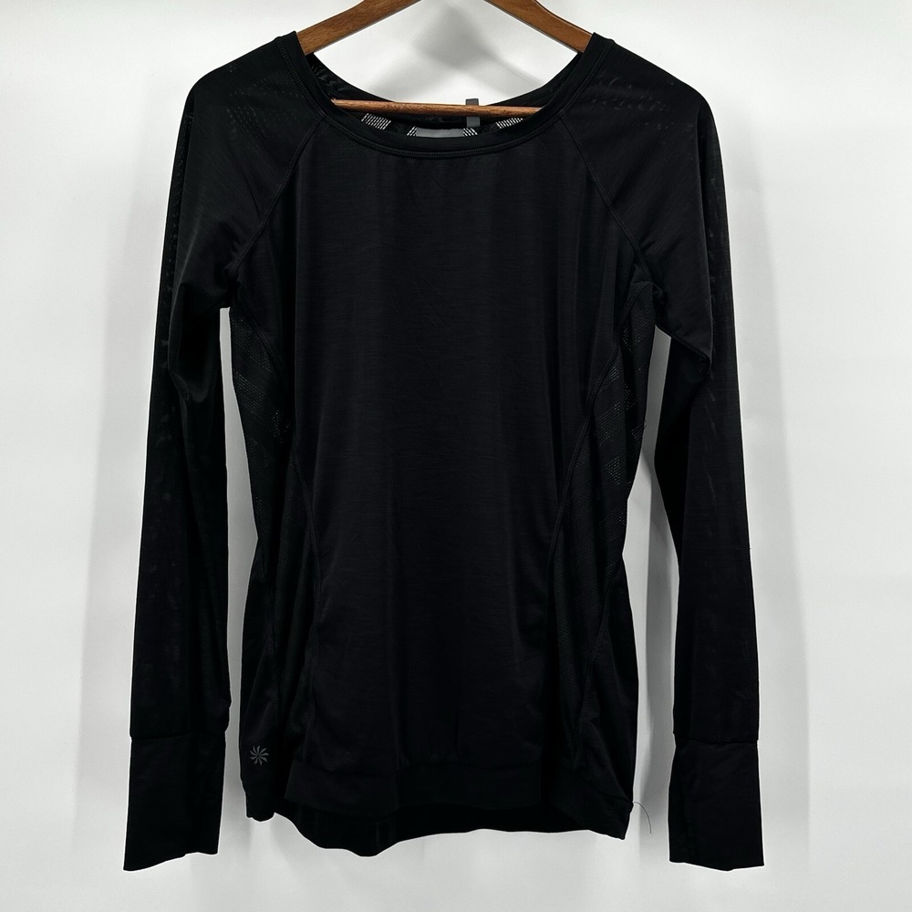 Athleta Tee Shirt Top Womens Small Black Semi Sheer Kettle Bella Long Sleeve Gym